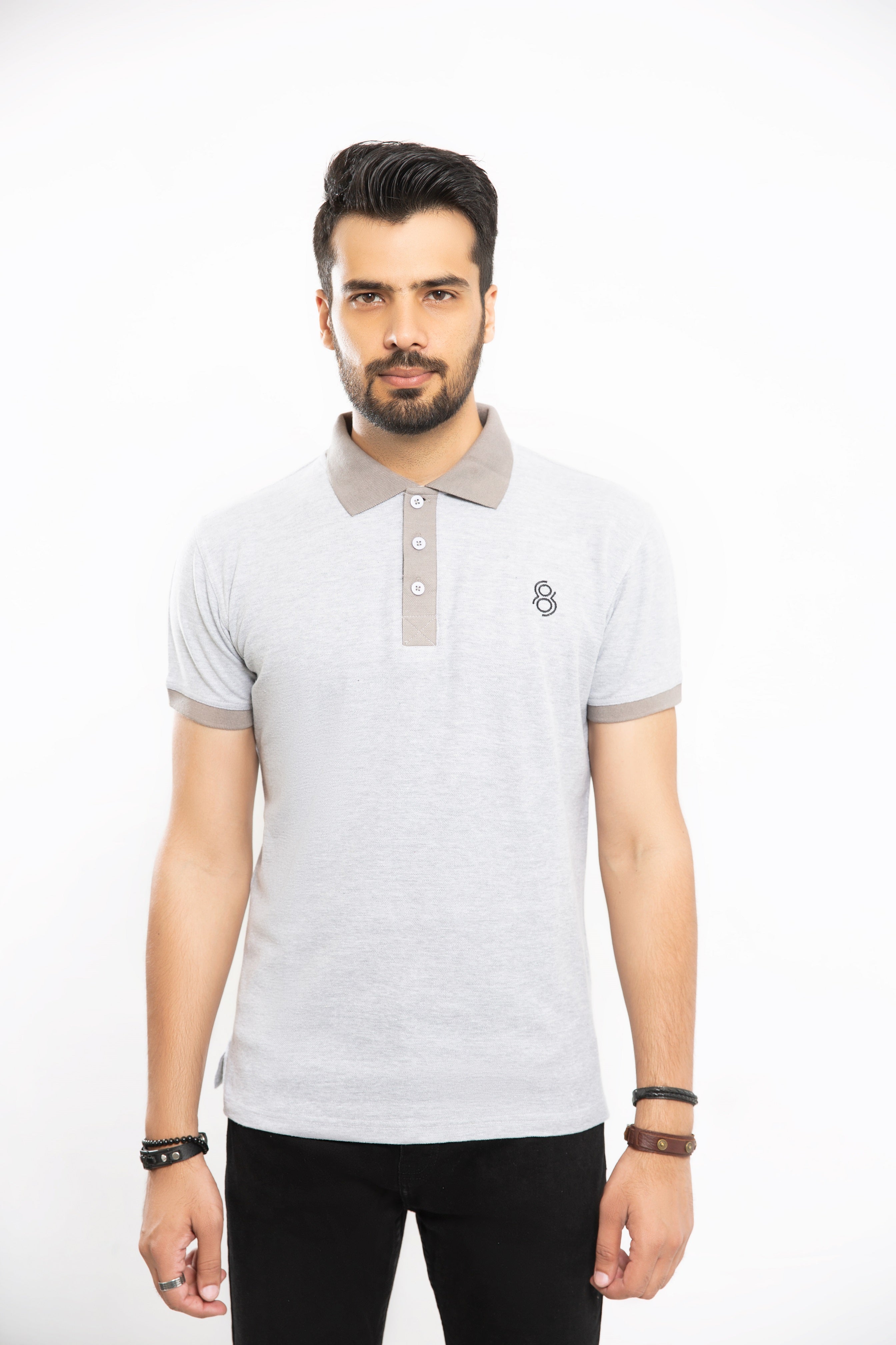 EL Contrast Buttoned Polo - Heather Grey/Silver