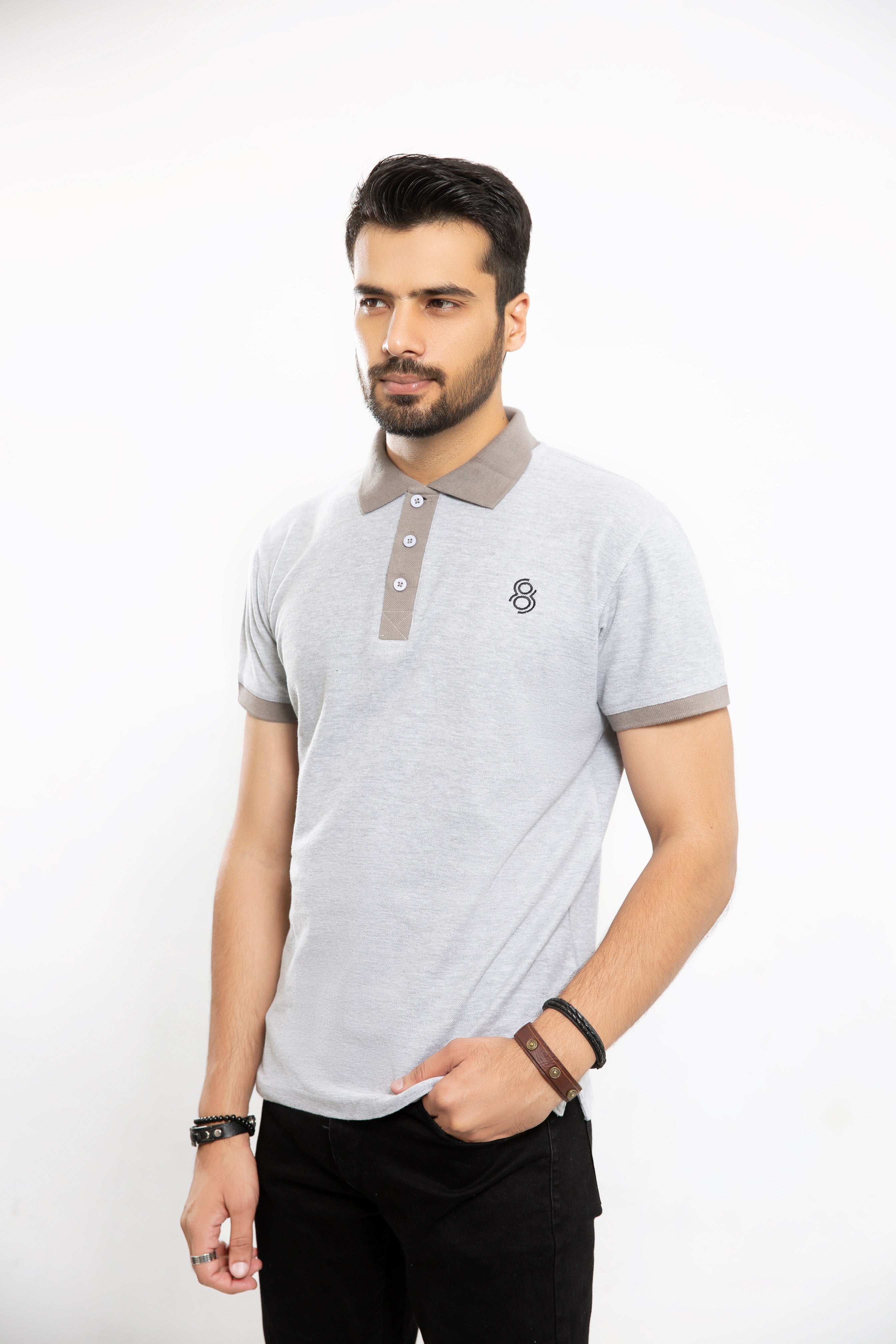 EL Contrast Buttoned Polo - Heather Grey/Silver