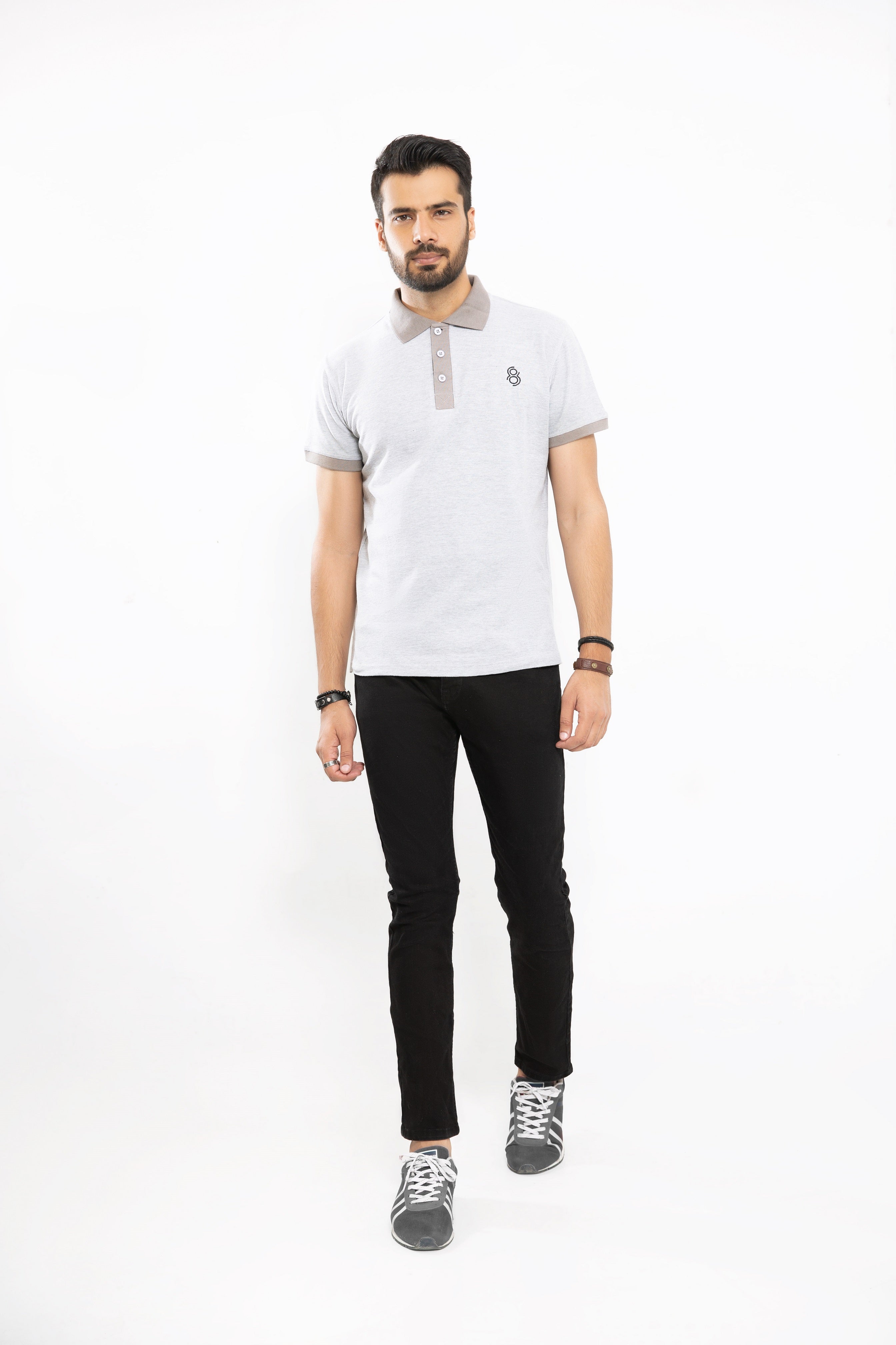 EL Contrast Buttoned Polo - Heather Grey/Silver