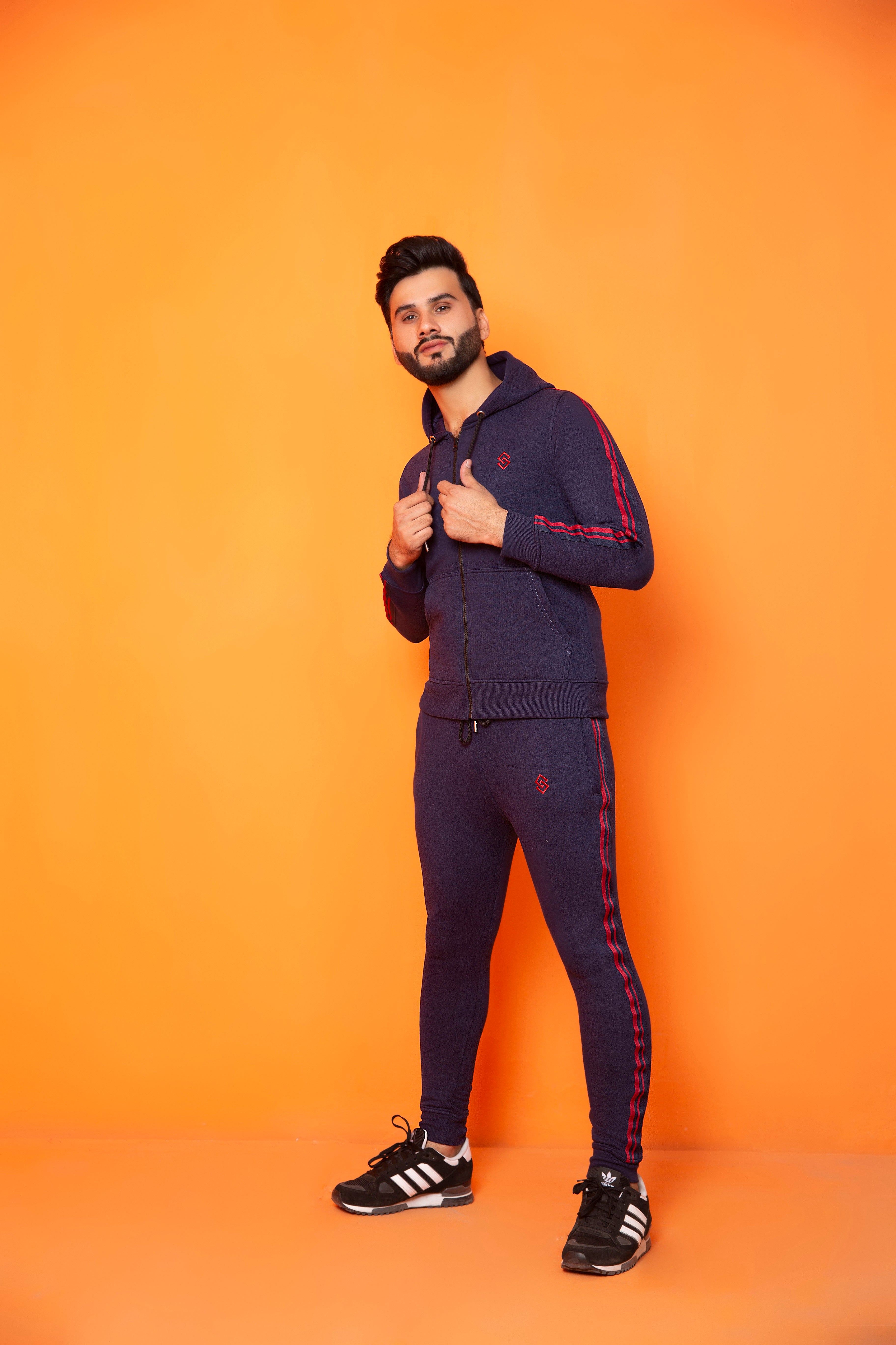Hooded Tracksuit with Red French Tape - Navy Blue